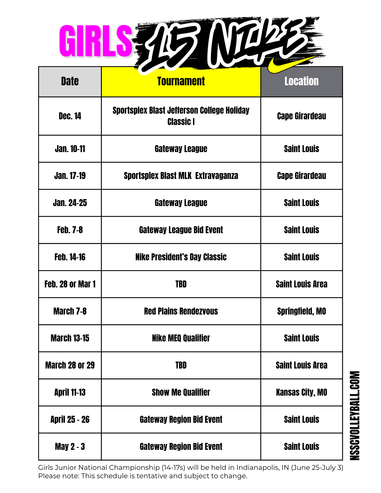NSSC 15s schedule 2026 2