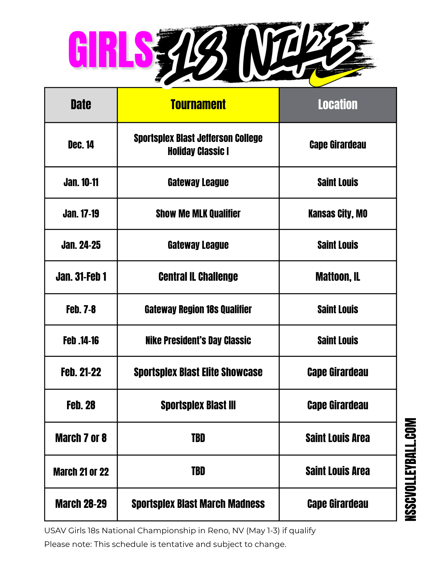 NSSC 18s schedule 2026 2